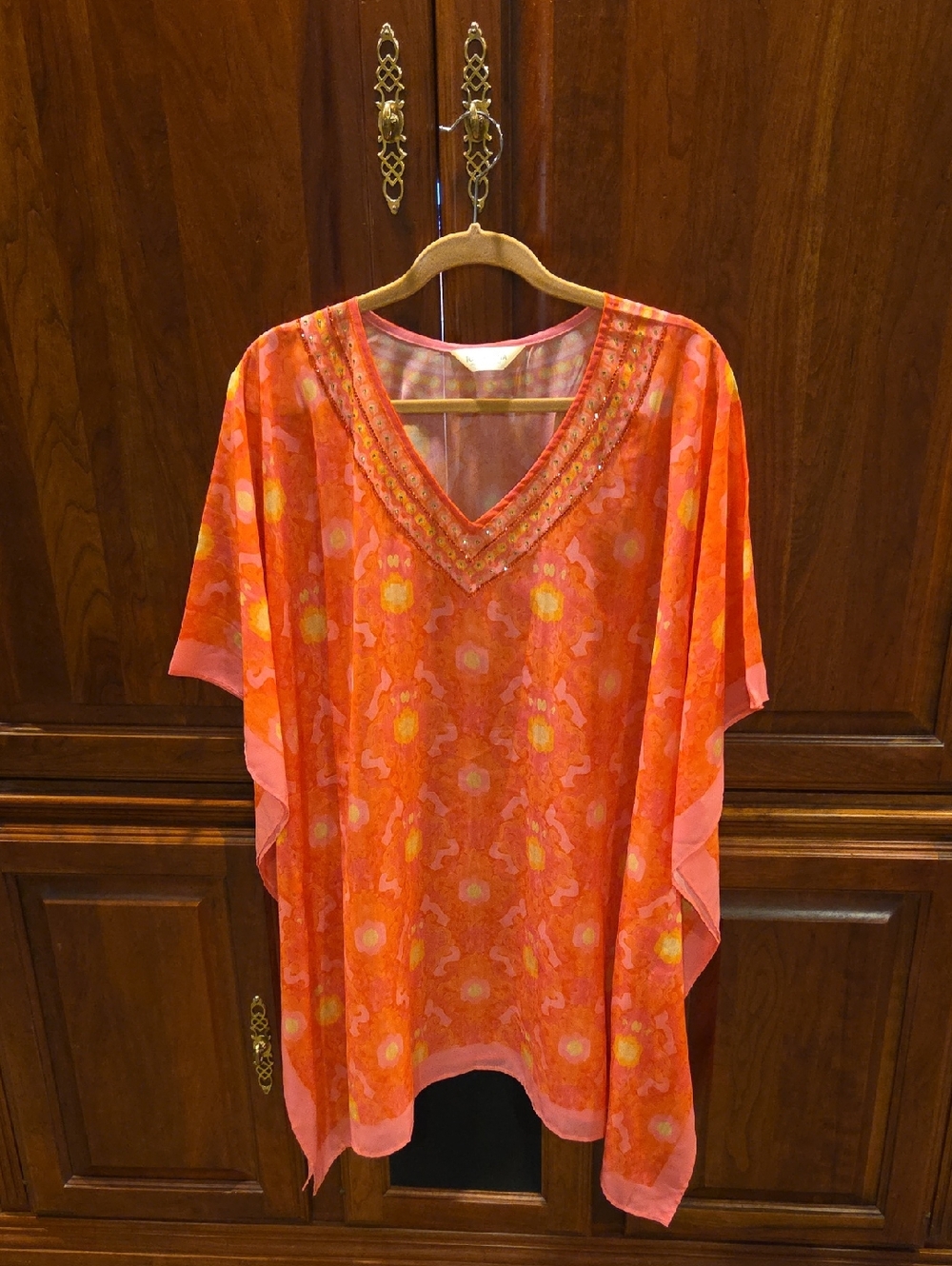 Orange Floral V-Neck Women's Top with Embellished Trim